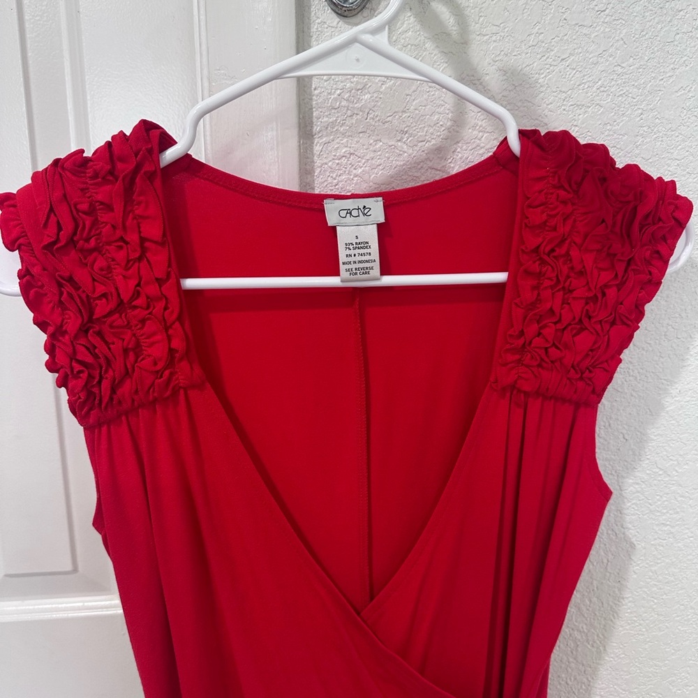 Cache Red Dress with Ruched Sleeves
